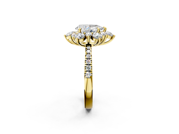 Yellow gold Pear Cut Diamond Floral Halo Pave Band with Prong Setting