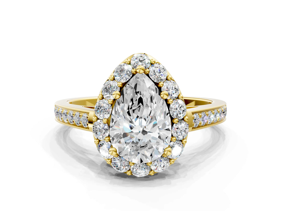 Yellow gold Pear Cut Diamond Floral Halo Ring with Pavé Band and Prong Setting_3