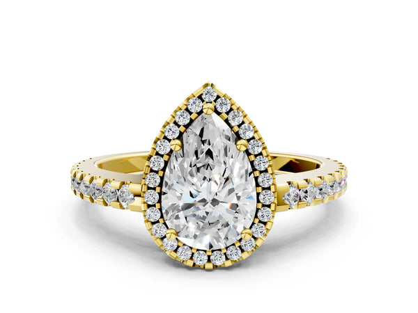 Yellow Gold Pear-Shaped Halo Engagement Ring Setting with Pave Band and Openwork Gallery