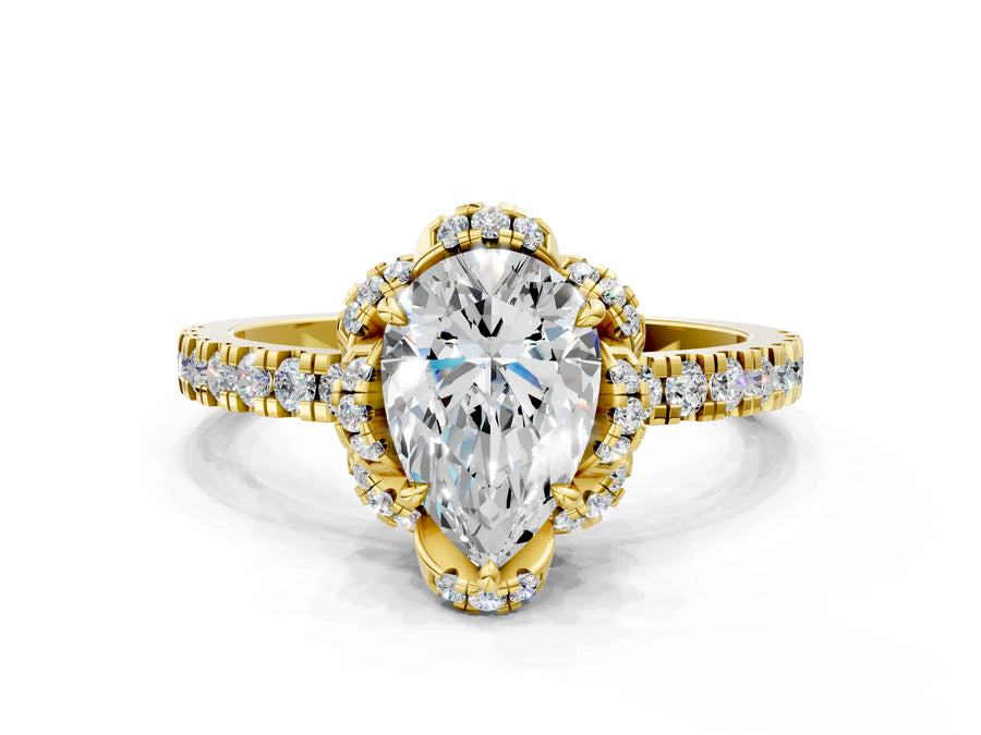 Yellow gold Pear Cut Diamond Halo Pave Band with Four-Prong Setting