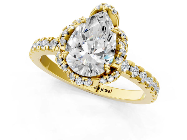 Yellow gold Pear Cut Diamond Halo Pave Band with Four-Prong Setting
