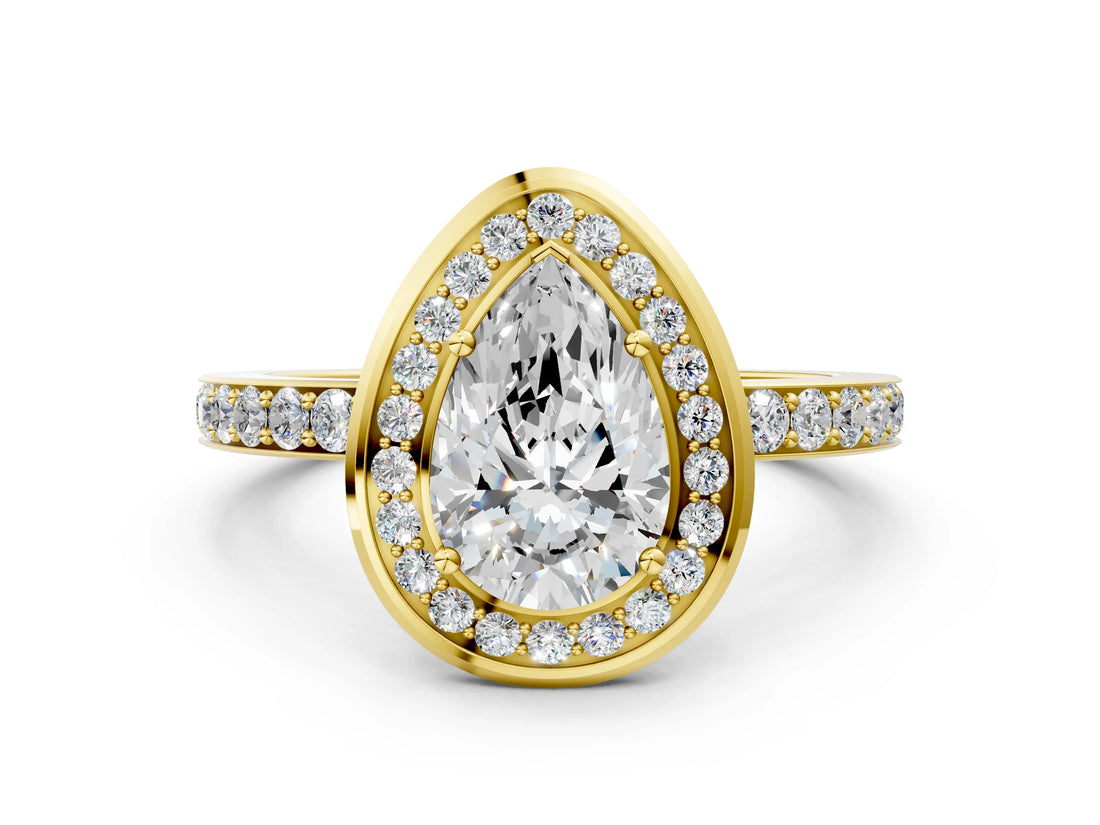 Yellow gold Pear Cut Diamond Halo Ring with Bezel Frame and Pavé Band_3