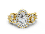 Yellow gold Pear Cut Diamond Halo Ring with Milgrain Pavé Band and Four-Prong Setting_54