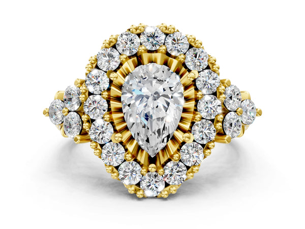 Yellow gold Pear Cut Diamond Halo Ring with Pavé Band and Four-Prong Setting