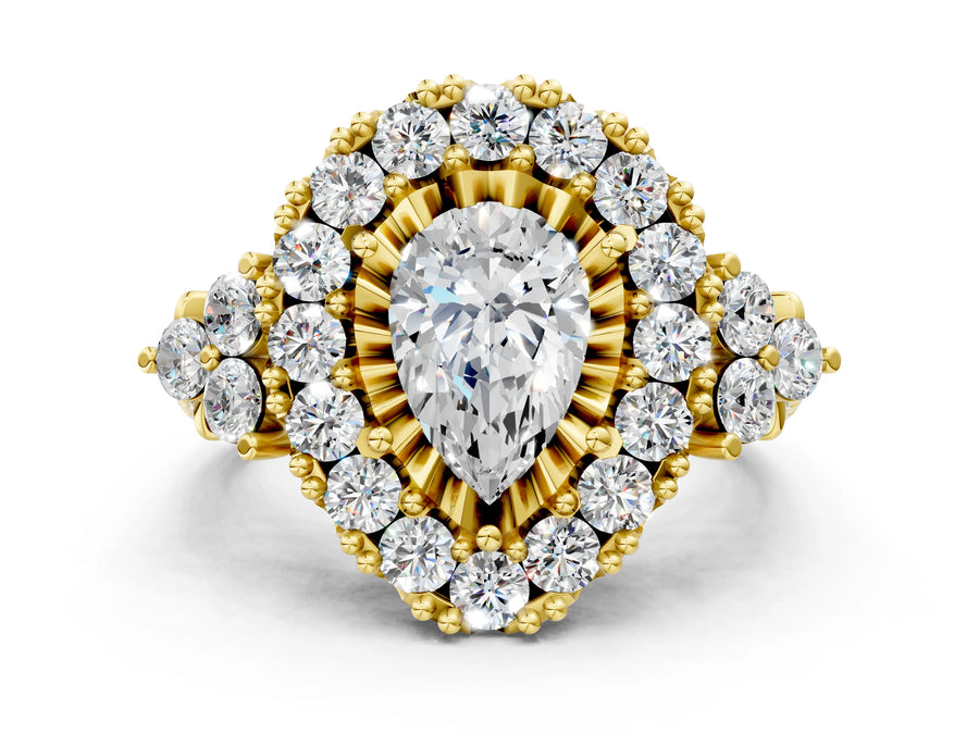 Yellow gold Pear Cut Diamond Halo Ring with Pavé Band and Four-Prong Setting