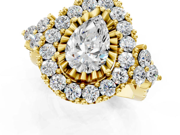 Yellow gold Pear Cut Diamond Halo Ring with Pavé Band and Four-Prong Setting