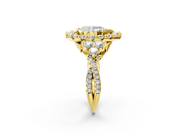 Yellow gold Pear Cut Diamond Halo Ring with Pavé Band and Four-Prong Setting