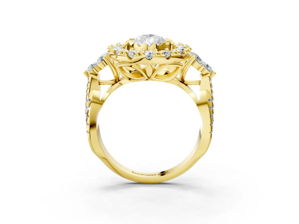 Yellow gold Pear Cut Diamond Halo Ring with Pavé Band and Four-Prong Setting
