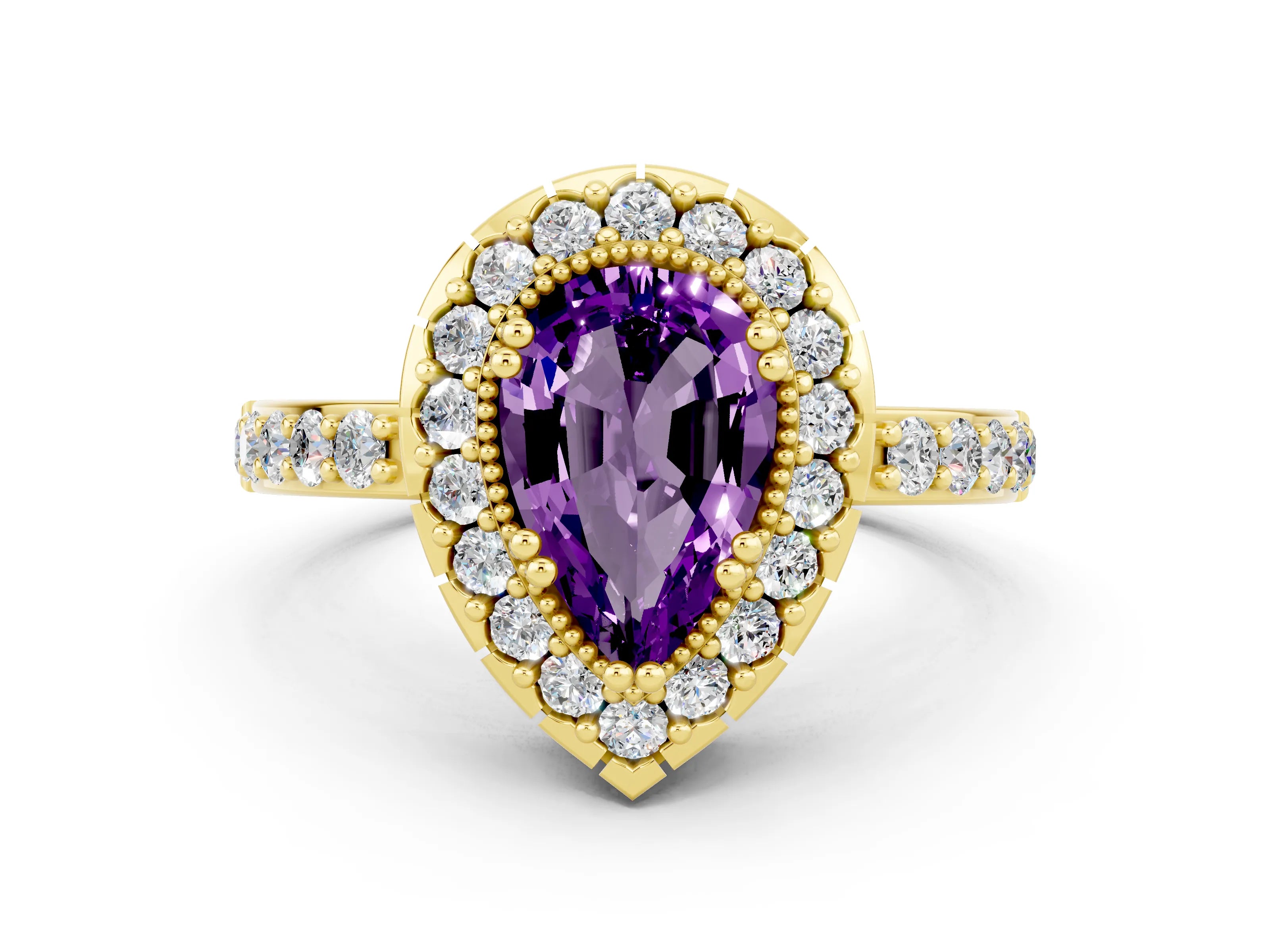 Yellow gold Pear Cut Diamond Halo Ring with Pavé Band and Prong Setting