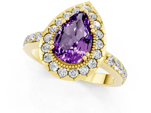 Yellow gold Pear Cut Amethyst Halo Ring with Pavé Band and Prong Setting