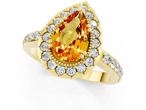 Yellow gold Pear Cut Citrine Halo Ring with Pavé Band and Prong Setting