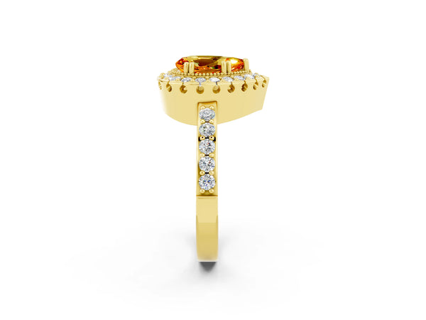 Yellow gold Pear Cut Citrine Halo Ring with Pavé Band and Prong Setting