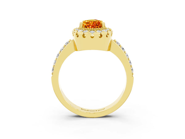 Yellow gold Pear Cut Citrine Halo Ring with Pavé Band and Prong Setting