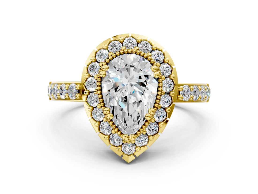 Yellow gold Pear Cut Diamond Halo Ring with Pavé Band and Prong Setting_7