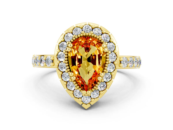 Yellow gold Pear Cut Citrine Halo Ring with Pavé Band and Prong Setting