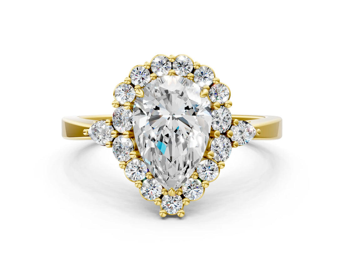 Yellow gold Pear Cut Diamond Halo Ring with Pear Side Stones and Prong Setting_57