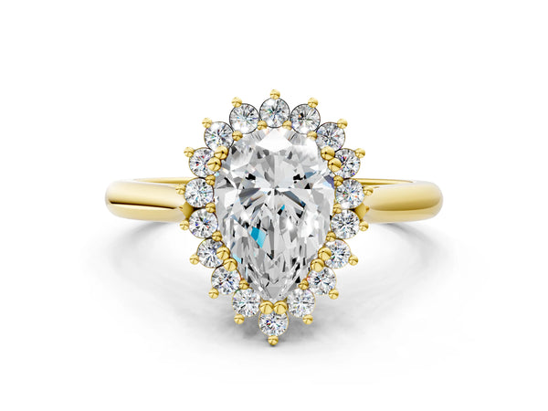 Yellow gold Pear Cut Diamond Halo Ring with Solitaire Band and Prong Setting