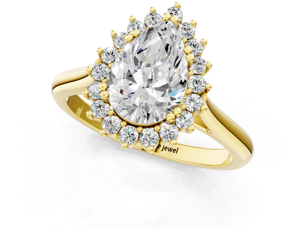 Yellow gold Pear Cut Diamond Halo Ring with Solitaire Band and Prong Setting
