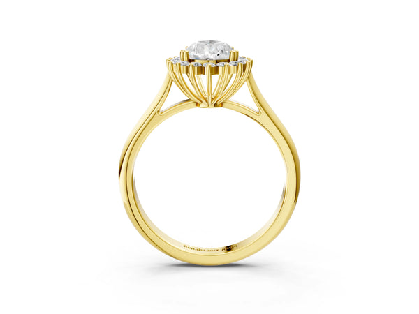 Yellow gold Pear Cut Diamond Halo Ring with Solitaire Band and Prong Setting