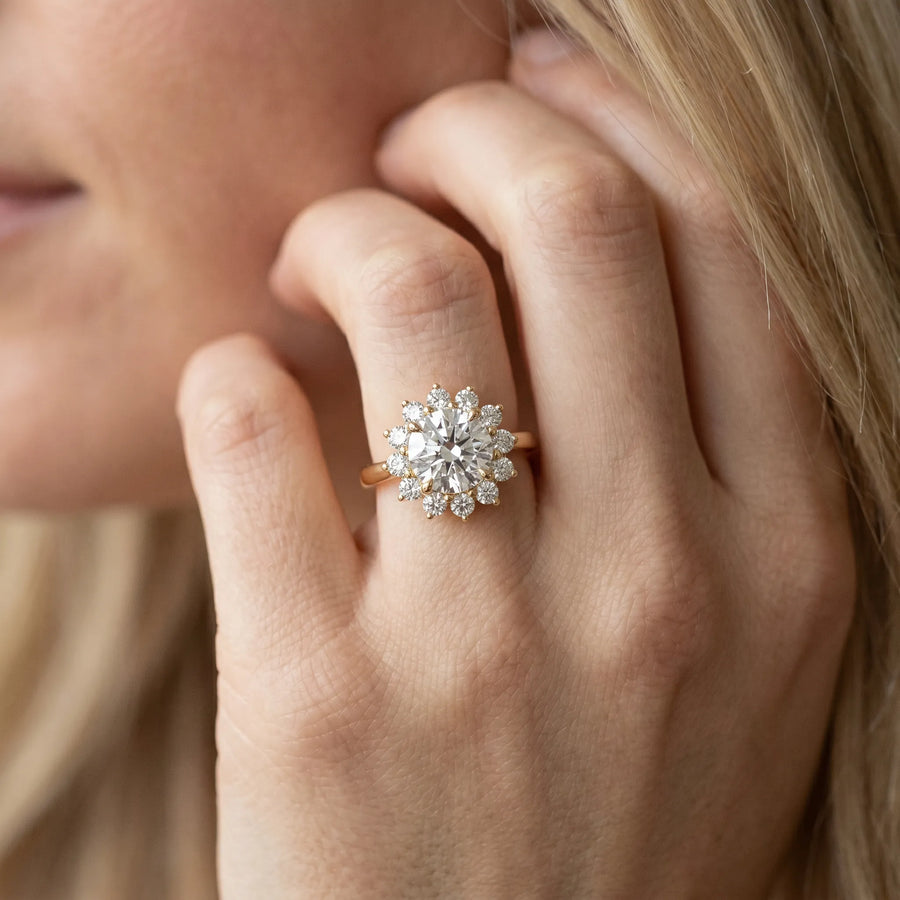 Yellow gold Pear-Cut Diamond Halo Solitaire Ring with Round Brilliant Halo and Prong Setting