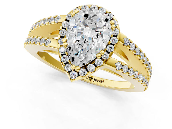 Yellow gold Pear Cut Diamond Halo Split Shank Engagement Ring
