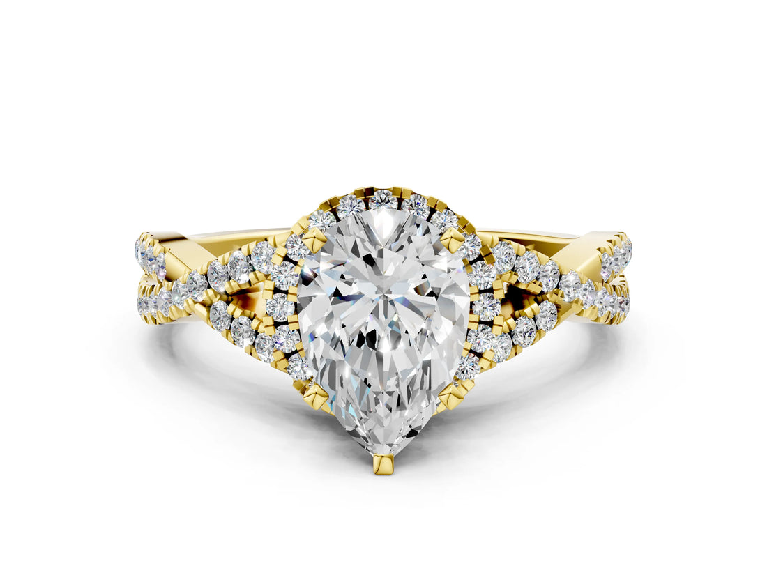 Yellow gold Pear Cut Diamond  Halo Twist Band Solitaire Prong Setting Ring_109