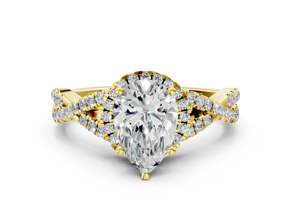Yellow gold Pear Cut Diamond  Halo Twist Band Solitaire Prong Setting Ring_36