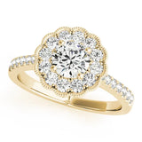 Yellow gold Fancy Pink Pear  Cut Diamond Milgrain Floral Halo Engagement Ring with Pavé Band
