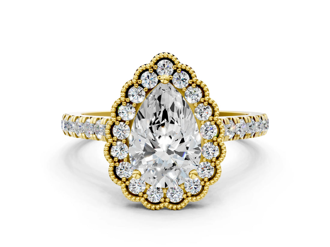 Yellow gold Pear Cut Diamond Milgrain Floral Halo Engagement Ring with Pavé Band_21