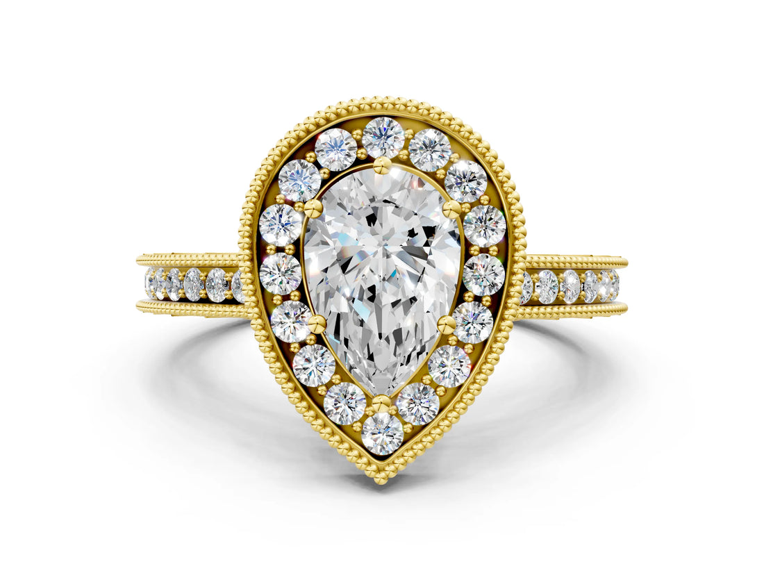 Yellow gold Pear Cut Diamond Milgrain Halo Engagement Ring with Round Pavé Band and Prong Setting_12