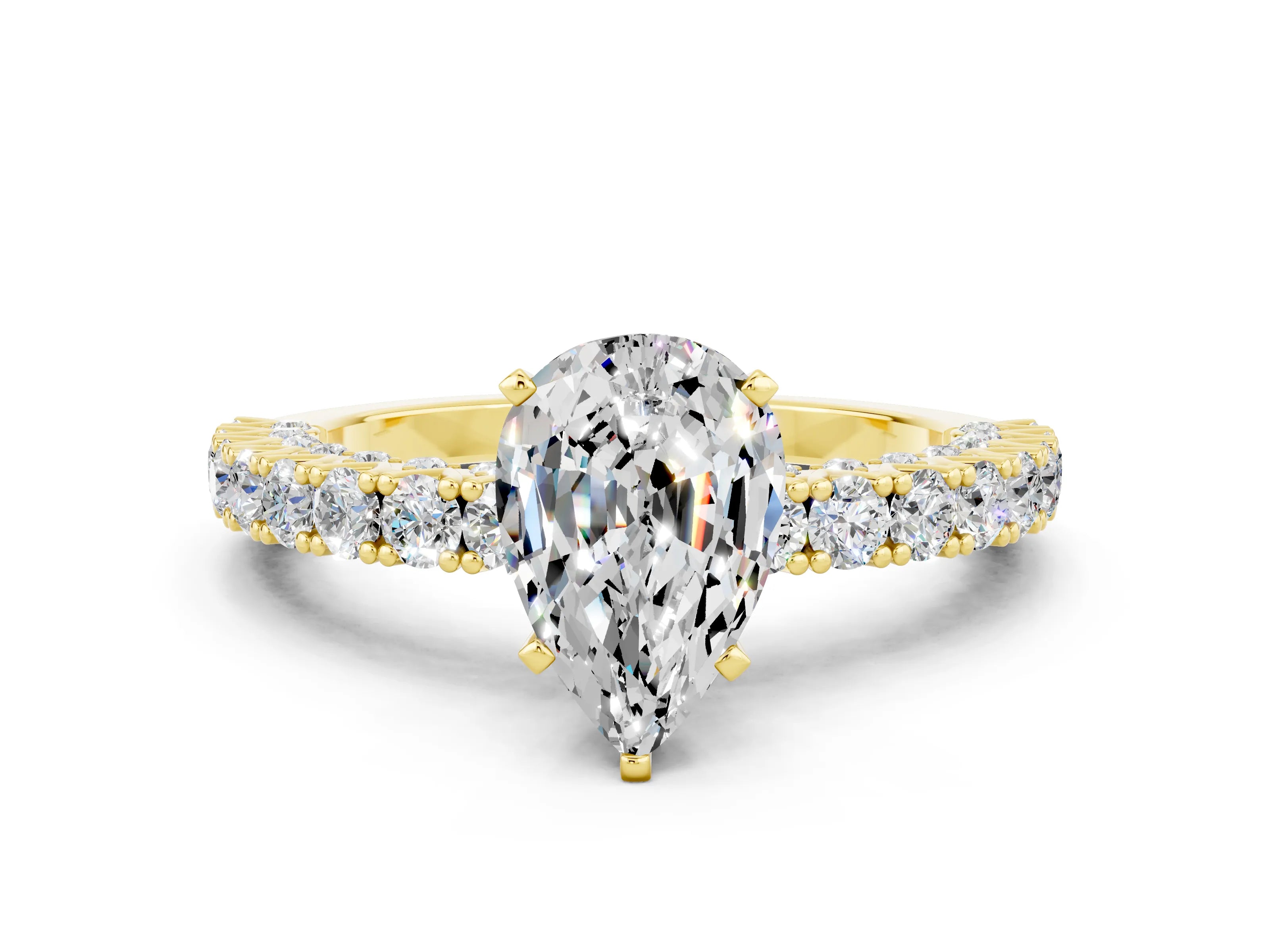 Yellow gold Pear Cut Diamond Pavé Band Solitaire Ring with Prong Setting