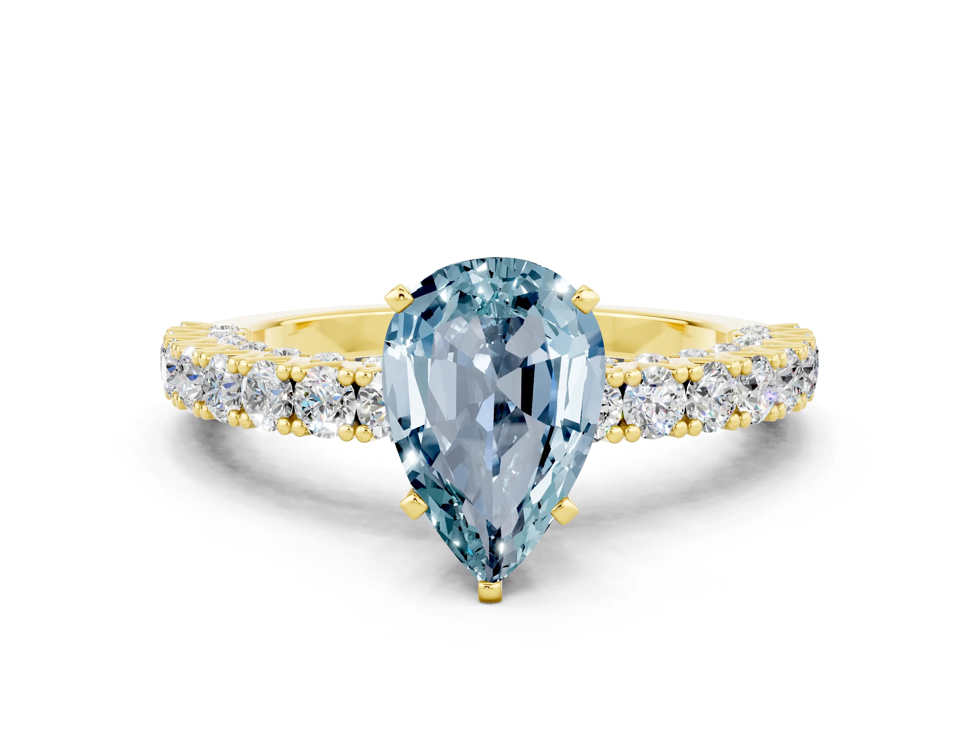 Yellow gold Pear Cut Diamond Pavé Band Solitaire Ring with Prong Setting