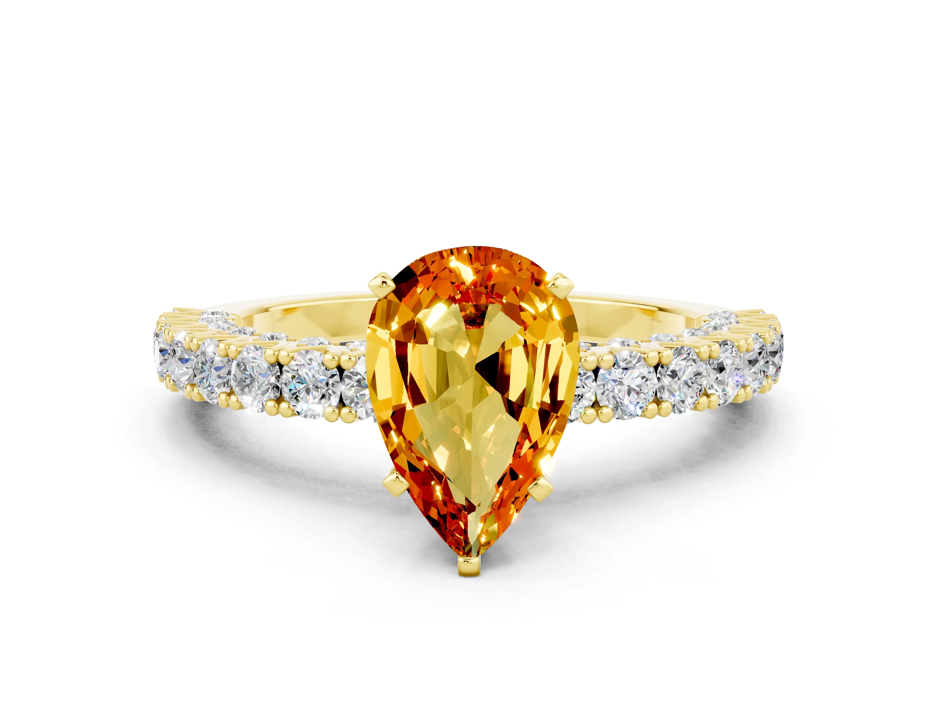 Yellow gold Pear Cut Diamond Pavé Band Solitaire Ring with Prong Setting