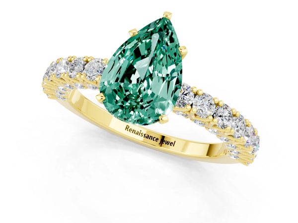 Yellow gold Pear Cut Diamond Pavé Band Solitaire Ring with Prong Setting