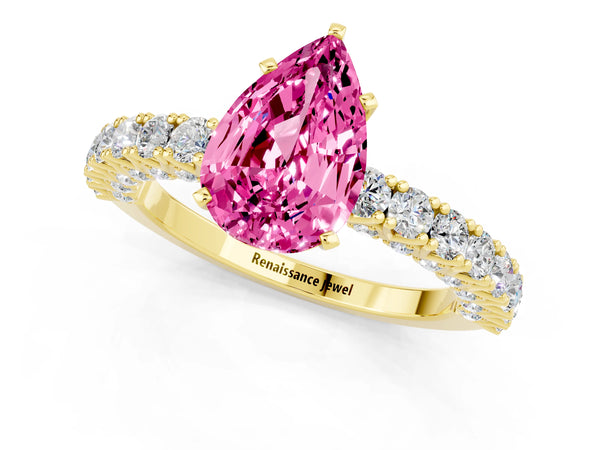 Yellow gold Pear Cut Diamond Pavé Band Solitaire Ring with Prong Setting