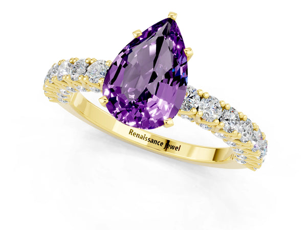 Yellow gold Pear Cut Amethyst Solitaire Ring with Round Accent Pavé Band and Prong Setting