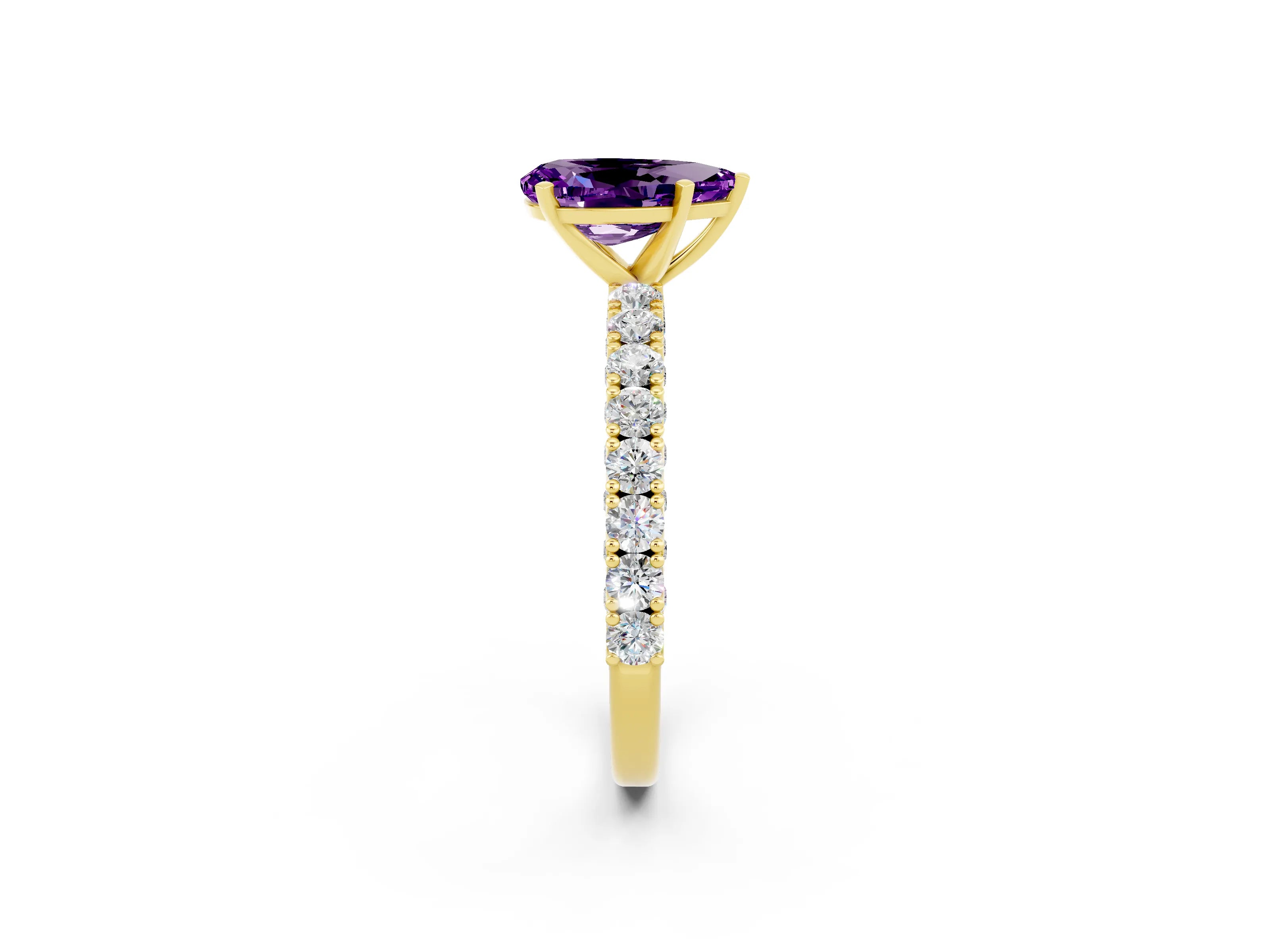 Yellow gold Pear Cut Diamond Pavé Band Solitaire Ring with Prong Setting_2