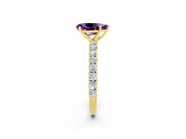 Yellow gold Pear Cut Amethyst Solitaire Ring with Round Accent Pavé Band and Prong Setting