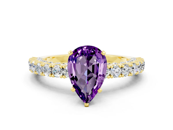 Yellow gold Pear Cut Amethyst Solitaire Ring with Round Accent Pavé Band and Prong Setting