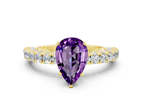 Yellow gold Pear Cut Diamond Pavé Band Solitaire Ring with Prong Setting