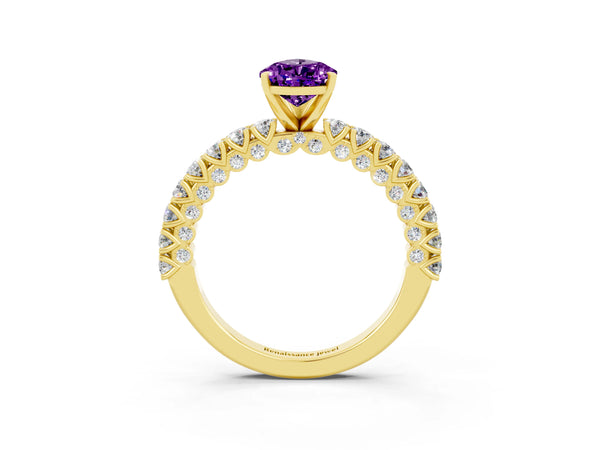 Yellow gold Pear Cut Amethyst Solitaire Ring with Round Accent Pavé Band and Prong Setting
