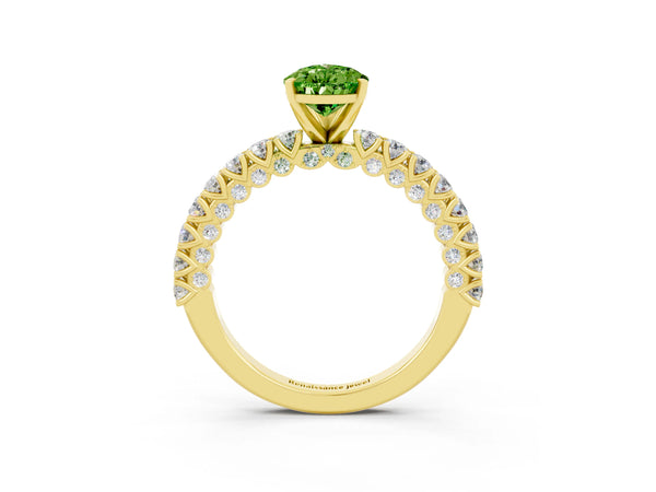 Yellow gold Pear Cut Diamond Pavé Band Solitaire Ring with Prong Setting