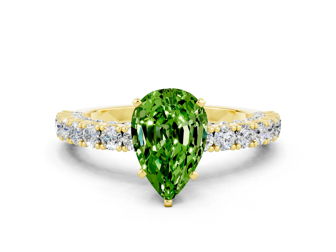 Yellow gold Pear Cut Diamond Pavé Band Solitaire Ring with Prong Setting