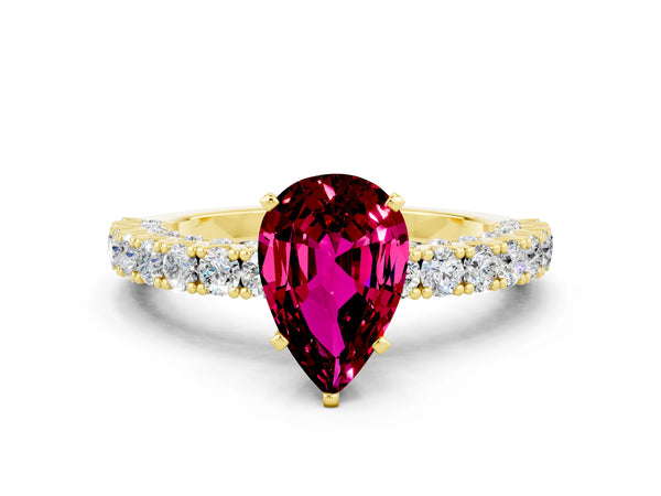 Yellow gold Pear Cut Diamond Pavé Band Solitaire Ring with Prong Setting