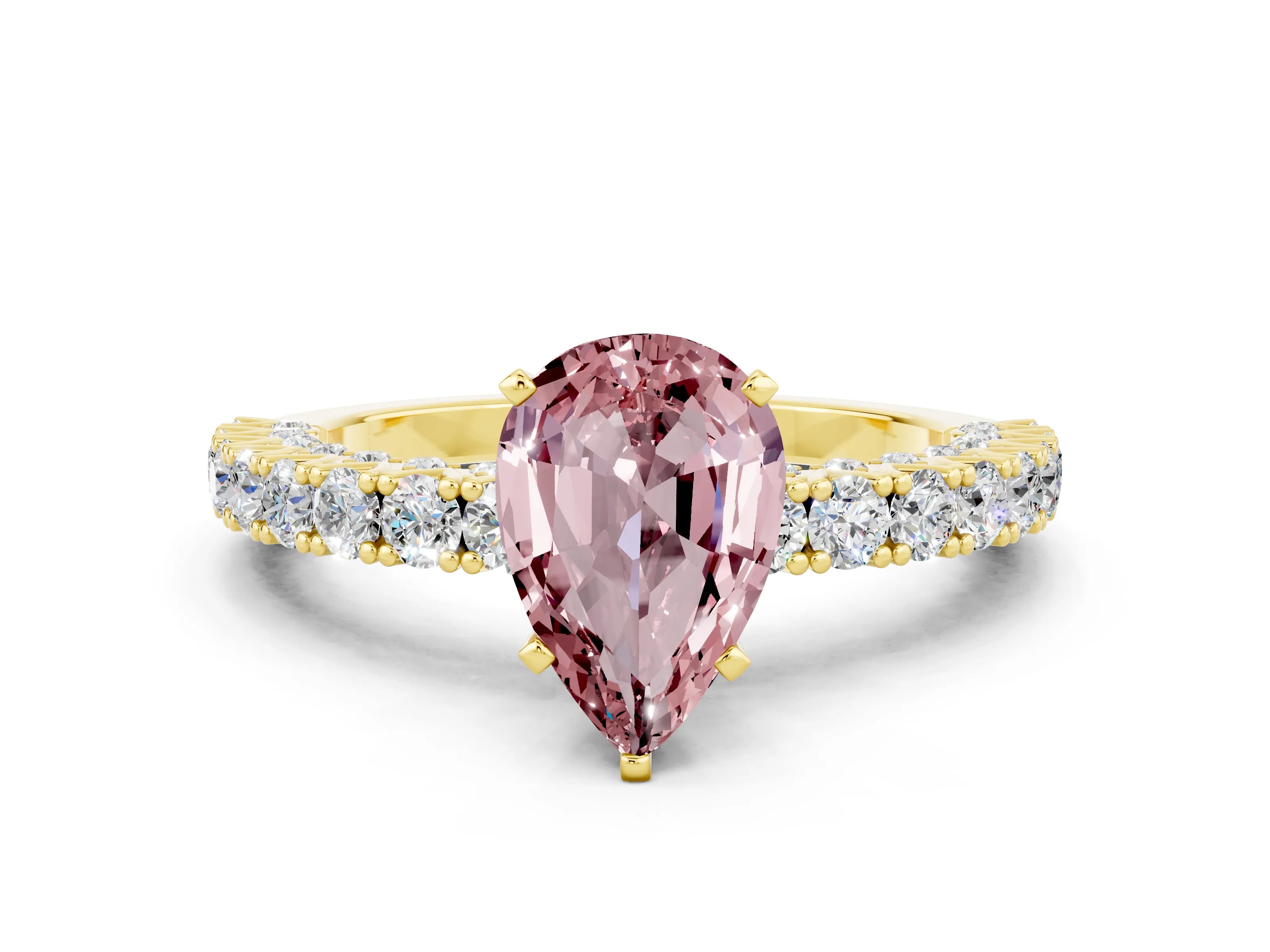 Yellow gold Pear Cut Diamond Pavé Band Solitaire Ring with Prong Setting