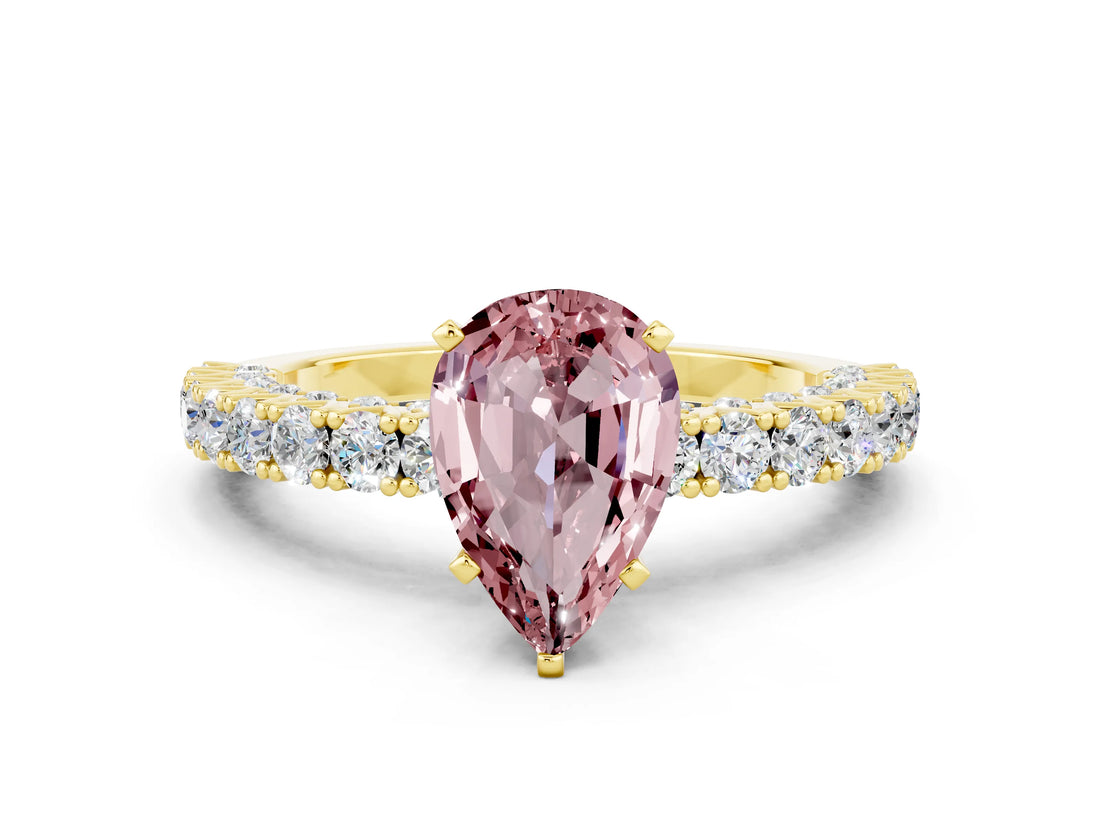 Yellow gold Pear Cut Diamond Pavé Band Solitaire Ring with Prong Setting