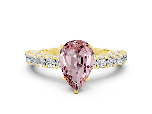Yellow gold Pear Cut Diamond Pavé Band Solitaire Ring with Prong Setting