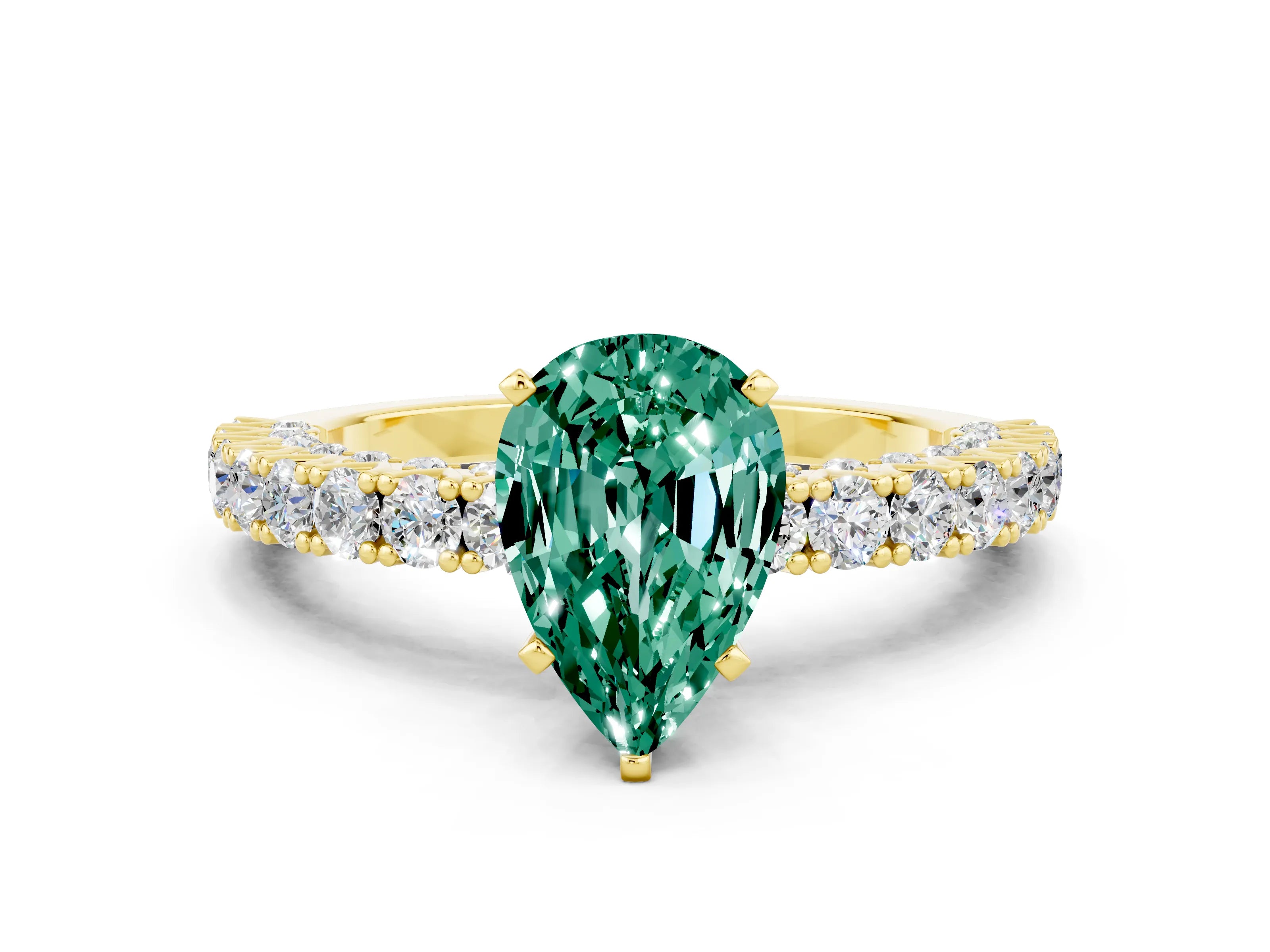 Yellow gold Pear Cut Diamond Pavé Band Solitaire Ring with Prong Setting