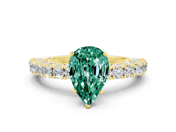 Yellow gold Pear Cut Diamond Pavé Band Solitaire Ring with Prong Setting