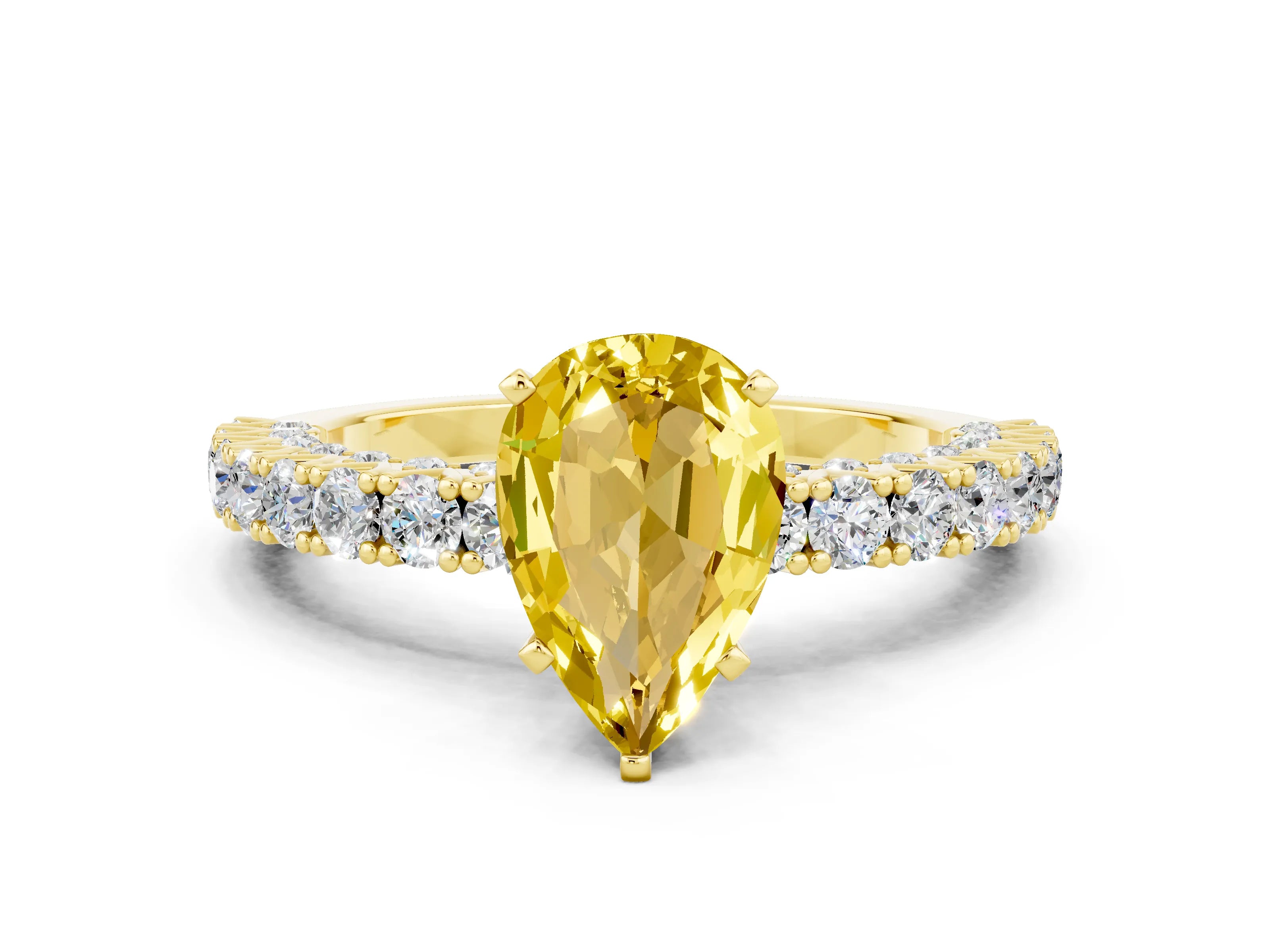 Yellow gold Pear Cut Diamond Pavé Band Solitaire Ring with Prong Setting